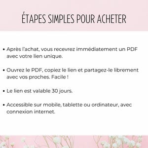 May include: A pink background with white text that reads "&Eacute;TAPES SIMPLES POUR ACHETER". Below, bullet points explain the purchase process: receive a PDF, open the PDF, the link is valid for 30 days, and accessible on mobile, tablet, or computer.
