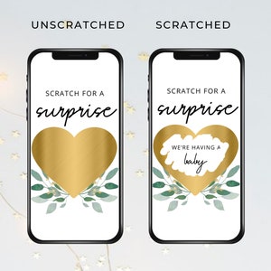 K&ouml;nnte beinhalten: Ein goldenes Herz mit dem Text "Scratch for a surprise" auf wei&szlig;em Hintergrund. Das Herz ist teilweise zerkratzt, um den Text "We're having a baby" zu enth&uuml;llen.