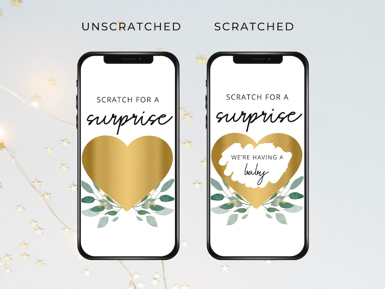 K&ouml;nnte beinhalten: Ein goldenes Herz mit dem Text "Scratch for a surprise" auf wei&szlig;em Hintergrund. Das Herz ist teilweise zerkratzt, um den Text "We're having a baby" zu enth&uuml;llen.