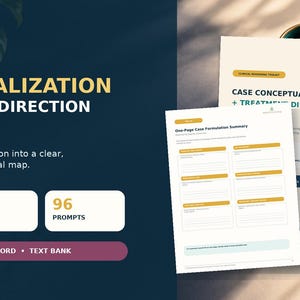 May include: A digital toolkit titled Case Conceptualisation + Treatment Direction Toolkit, featuring 50 pages, 35 tools, and 96 prompts. The document includes a One-Page Case Formulation Summary and is available in PDF, Word, and text bank formats.