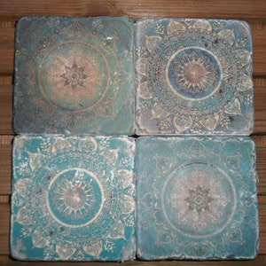 Tiles, tiles, natural stone tiles, 4 pieces! Mandala blue