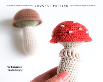 Patrón de crochet: Sonajero de hongo para bebé – Sonajero amigurumi de crochet – Instrucciones en PDF (alemán e inglés) – Juguete para bebé, nacimiento, baby shower – Videotutorial