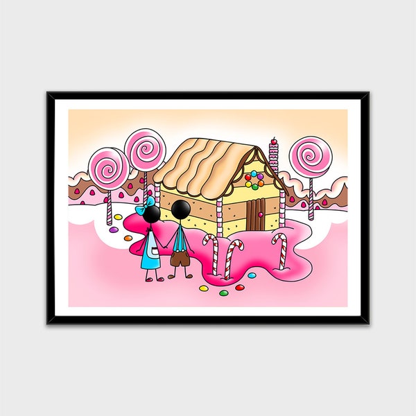 Affiche imprimée Hansel et Gretel pour décoration rose chambre de fille format A4 A3