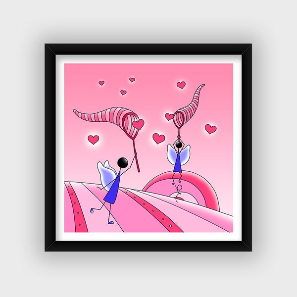 Illustration fée coeur amour Décoration chambre fille bébé Cadeau de naissance Rose