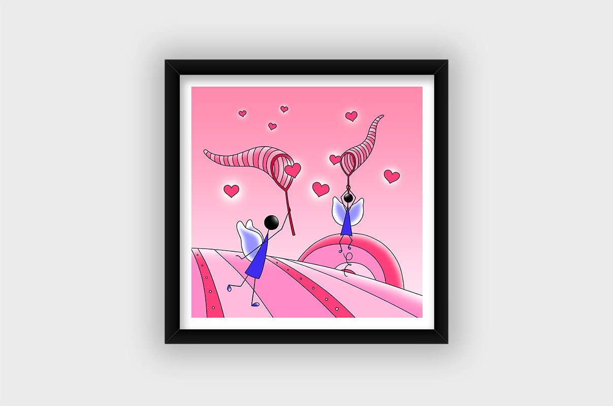 Illustration Fée Coeur Amour Décoration Chambre Fille Bébé Cadeau de Naissance Rose