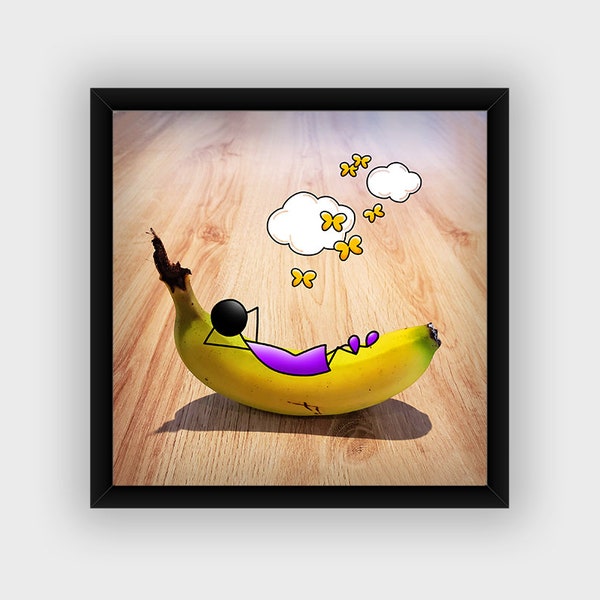 Affiche originale Cuisine Décoration murale Fruit Banane Papillon Nuage