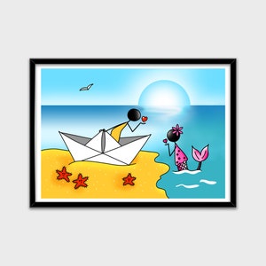 Póster de un marinero y su sirena en un barco de origami Decoración habitación infantil niña A3 A4