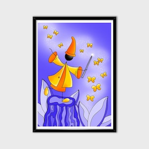 Dibujo de mago para habitación infantil o regalo de cumpleaños A4 A3