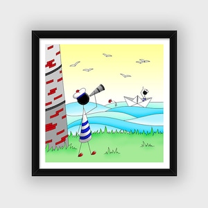 Original drawing Sailor boat origami lighthouse Decoration boy baby Birth gift Square