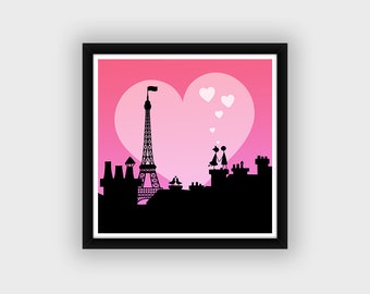 Decorative frame Paris Eiffel Tower for wall decoration Pink romance poster square format