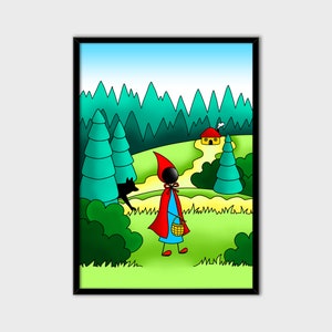 Cuadro Caperucita Roja y Lobo para decoración habitación infantil A4 A3