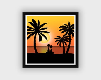 Malerei Wanddekoration Sonnenuntergang Strand und Palmen Reisen Exotik Quadrat