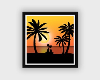 Painting wall decoration sunset beach and palm trees travel exoticism square