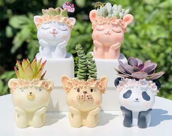 Pot succulent d'animal de bande dessinée en résine pour la décoration de la maison, jardinière créative de succulentes chien lapin panda, pot de plante, cadeau d'anniversaire de pot de fleur