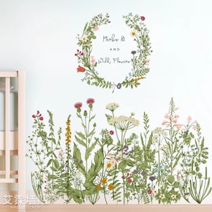 Sticker mural plante fleurie colorée, Stickers muraux ligne de plinthe amovible, Sticker mural chambre à coucher, Décoration murale d&#39;escalier imperméable à l&#39;eau chaude