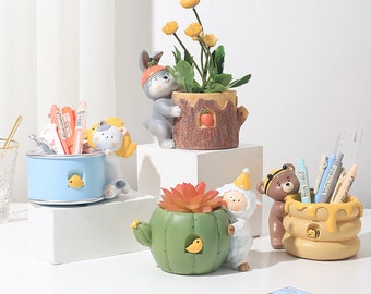 Pot succulent d'animal de bande dessinée de résine pour la décoration à la maison, planteur succulent créatif d'ours de lapin, pot de plante, cadeau d'anniversaire de pot de fleur