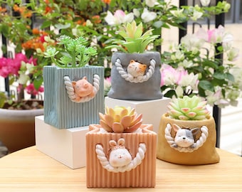 Pot succulent d'animal de bande dessinée en résine pour la décoration de la maison, jardinière créative de succulentes de lapin, de cochon, de chat, pot de plante, cadeau d'anniversaire de pot de fleur