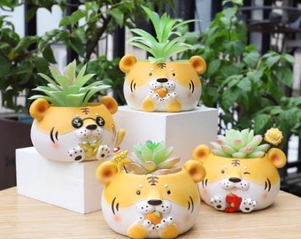 Pot succulent d'animal de bande dessinée de résine pour la décoration à la maison, jardinière succulente créative de beau tigre, Pot de plante, cadeau d'anniversaire de Pot de fleur