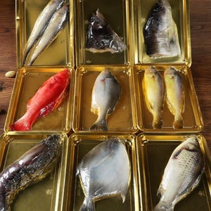 Peut inclure: Assortiment de filets de poisson frais présentés dans des contenants individuels en plastique transparent avec des bordures dorées. Les poissons sont disposés en rangées, mettant en valeur une variété d'espèces et de tailles.