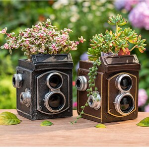 May include: Two vintage camera-shaped planters, one black and one brown, with succulent plants growing inside. The planters have realistic details, including lenses and a faux leather finish.