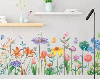 Kleurrijke bloemplant muursticker, verwijderbare plintlijn muurstickers, slaapkamer muursticker, waterdichte warm trap wanddecoratie