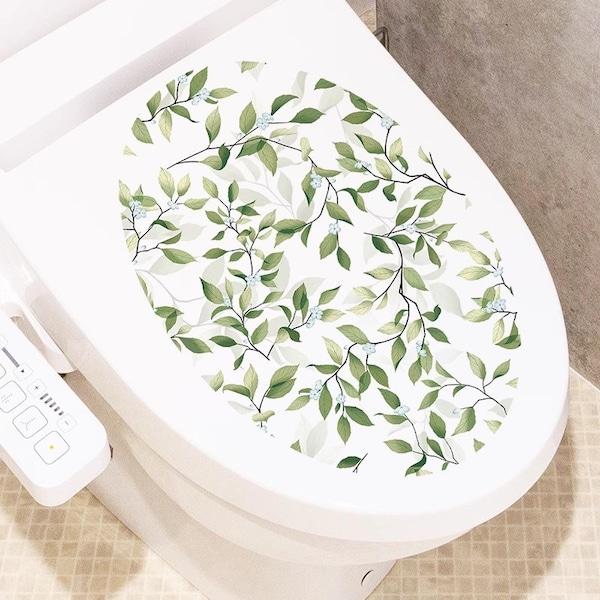 PVC Toilet Lid Decal, Bathroom Decal Sticker, Green Plants Pattern Toilet Stool Commode Sticker ,Toilet Sticker