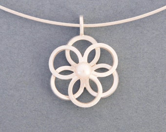 Collier FLEUR,Argent,Perle,Pendentif+Corde,Barbara Blanc