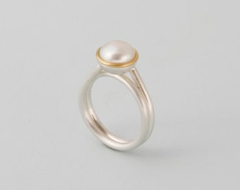 Anneau perle perle anneau d’enroulement anneau d’argent avec perle Barbara Blanc