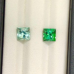 Può includere: Due pietre preziose a taglio quadrato, una azzurra e l'altra verde brillante, sono esposte su uno sfondo bianco. Le gemme sono incastonate in una cornice scura, che mette in risalto i loro colori vivaci e le loro sfaccettature complesse. Le gemme sono probabilmente per gioielli.