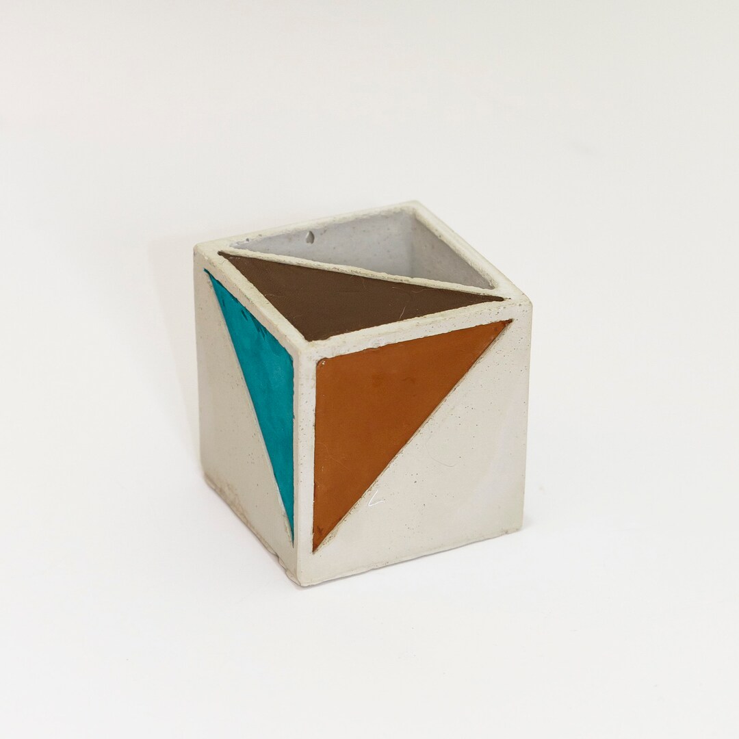 Geometric - Tricolor Cubical Concrete Planter - With Earth Tone Leather ...