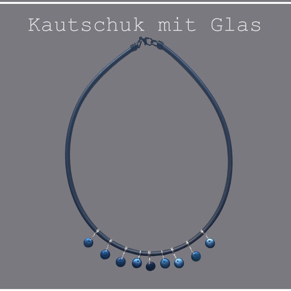 Schwarze Kautschukkette mit blau grünen Glasscheibchenperlen, Damenkette, Unikatschmuck