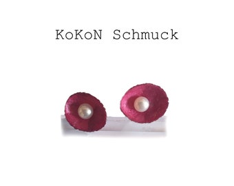 Red silk KoKoN ear studs with genuine white freshwater pearls, unique jewellery, natural jewellery