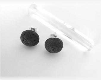 Schwarze Lava Ohrstecker  mit 925 Sterlingsilber, Halbkugel, Ohrstecker 12mm Durchmesser