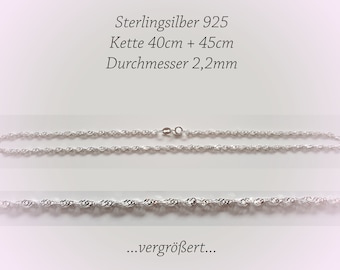 925 Sterlingsilber Singapur Kette40cm + 45cm, ca.2,2mm breit, für Layering und zierliche Anhänger, gedrehte Wellenform