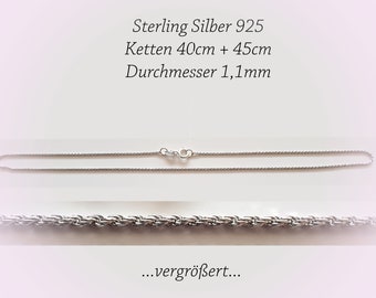 925 Sterlingsilber Kordel Kette Durchm. 1,1mm, 40cm + 45cm, Damenkette, zierliche Silberkette, elegante Gliederkette