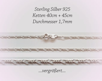 925 Sterlingsilber Figaro Kette Breite 1,7mm, 40cm + 45cm, Damenkette, zierliche Silberkette, elegante Gliederkette