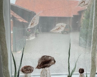 Ready for dispatch: hand-felted curtain, 90 x 45 cm, MUSHROOMS, silk/wool, cafe curtain, hand-felted, made-to-measure bistro curtain, sheer curtain