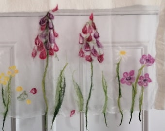 Cheerful hand-felted curtain "Spring Meadow", felted, fine silk wool, gossamer-thin window decoration, curtains, cafe curtain,