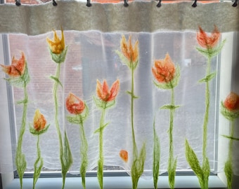 Spring colors: Hand-felted curtain "Tulips", felted from silk and wool, delicate, airy window decoration, curtains, gifts for mothers