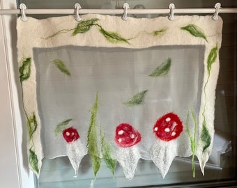 Fly agaric curtain hand-felted, autumn curtain, felted silk and wool, transparent curtain, made-to-measure sheer curtain