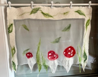 Fly agaric curtain hand felted curtain MUSHROOMS, autumn winter, felted silk and wool, panel curtain,