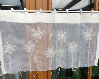 hand-felted white curtain Dandelion, felted silk and wool, disc curtain,
