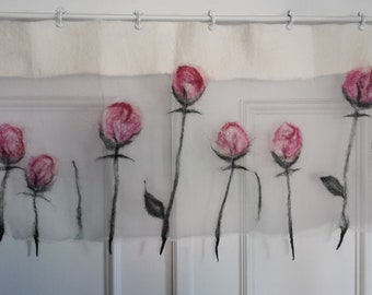Ready for dispatch: Hand-felted curtain "Tulips", felted, silk/wool, gossamer-thin, airy window decoration, curtains, cafe curtain, drape