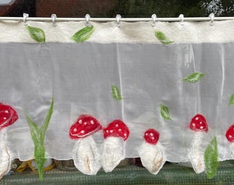 Ready to ship: Fly agaric curtain, 60cm wide x 45cm high, hand-felted, autumnal curtain, sheer curtain, handmade window decoration, gift for Mom?
