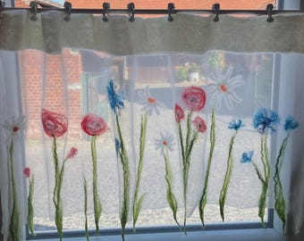 Beautifully colorful hand-felted curtain, summer meadow design, silk and wool, felt curtain, window decoration, sheer curtain, made-to-measure cafe curtain
