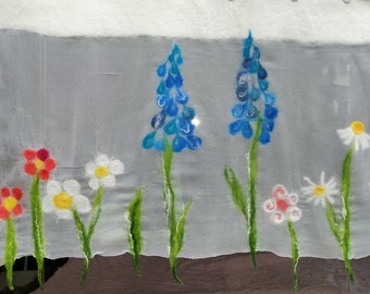 cheerful curtain hand-felted blue bellflowers, spring meadow, silk wool, transparent curtain, window curtain, bistro curtain made to measure