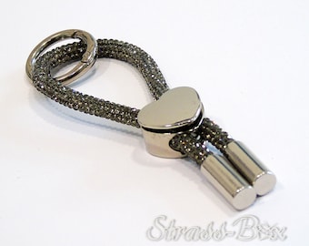 Keyring BLACK DIAMOND with heart SILVER /Rhinestone rope / 25cm in loop