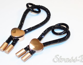 Key ring JET with heart and ends ROSE, Ring Jet / Rhinestone Rope / 20cm or 25 cm in a loop