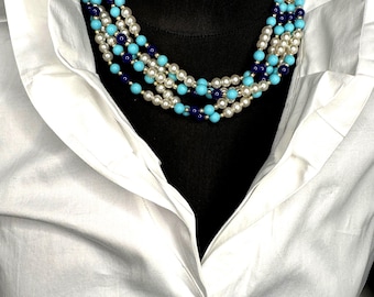 Turquoise glass bead necklace with white, turquoise, and royal blue glass beads, gold-plated, high-quality vintage WOW! necklace chain