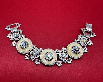 Silver-plated bookchain bracelet, faux pearl and rhinestone embellished link bracelet, rare vintage 1970s find, RAR - Beautifully decorative -
